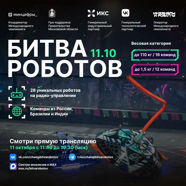Минцифры России информирует о проведении второго отборочного этапа Международного чемпионата по битве роботов